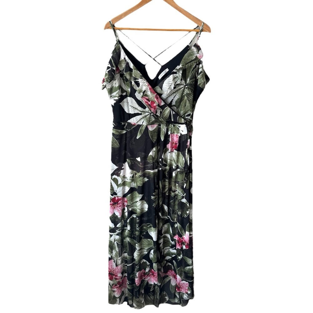 Ricky's Floral Faux Wrap Sleeveless Chiffon Maxi Dress Black Pink Size 16
